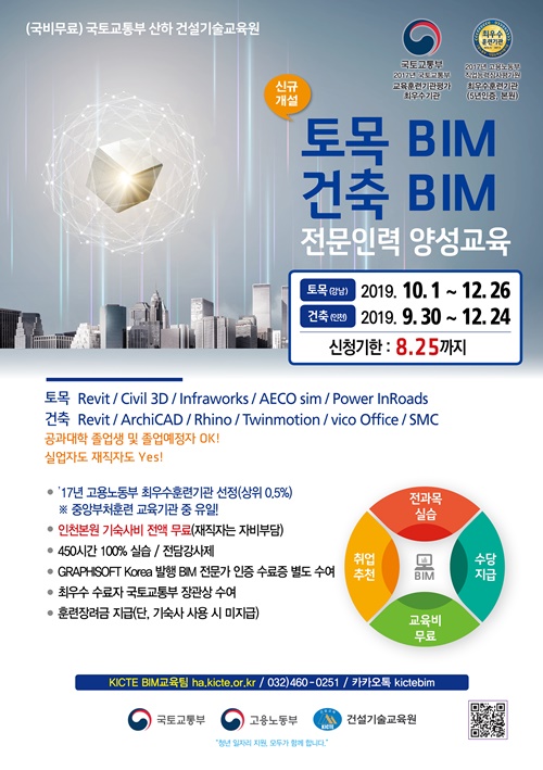 [국토교통부, 건설기술교육원] 2019 가을학기 BIM전문인력양성과정(토목, 건축) 교육생 모집